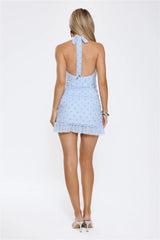 Flirty And Free Halter Mesh Polka Dot Mini Dress Blue