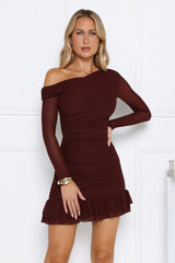 Serve The Look Mesh Long Sleeve Mini Dress Wine