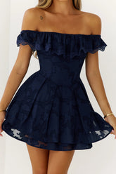 Pure Reverie Off Shoulder Mini Dress Navy