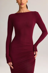 Modal Ruched Backless Maxi Dress in Wine