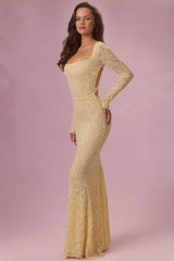 Lace Long-Sleeve Maxi Dress in Butter