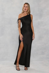 The Clover Off Shoulder Satin Maxi Dress Black