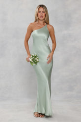 The Evangeline One Shoulder Satin Maxi Dress Sage Green