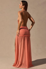 Cowl-Neck Plunge Maxi Dress in Coral