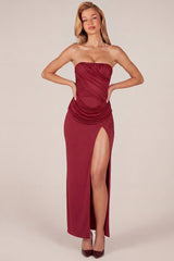 Bandeau Draped Thigh-High Maxi Dress in Wine