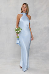 The Vivia Halter Satin Maxi Dress Light Blue