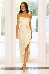 Vibrant Vixen Satin Maxi Dress Yellow