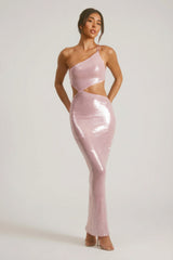 Sheer Sequin One Shoulder Cut Out Maxi Dress in Lilac
