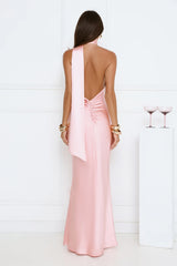 Cinnamon Glaze Halter Satin Maxi Dress Pink