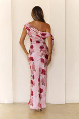 Romantic Rose Satin One Shoulder Maxi Dress Pink