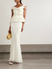 Off-the-shoulder belted metallic bouclé and crepe maxi dress