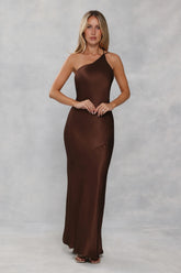 The Evangeline One Shoulder Satin Maxi Dress Chocolate Brown