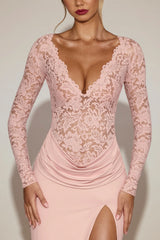 Lace Scalloped Plunge-Neck Maxi Dress in Pink