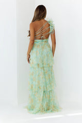 Bloom And Flow One Shoulder Tiered Maxi Dress Green