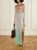 Open-back dégradé embroidered metallic crochet-knit maxi dress