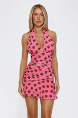 Social Glow Halter Polka Dot Mini Dress Pink