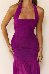 Evelyn Luxe Mesh Halter Maxi Dress Magenta