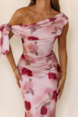 Romantic Rose Satin One Shoulder Maxi Dress Pink