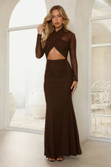 Twist Of Luxe Mesh Long Sleeve Maxi Dress Chocolate