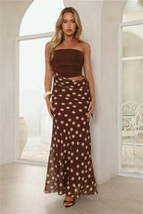 Lovergirl Energy Polka Dot Strapless Maxi Dress Brown