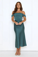 Out Tonight Edit Off Shoulder Mesh Satin Maxi Dress Teal