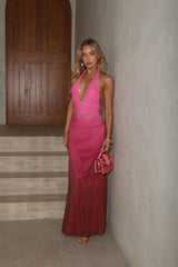 Sunset Siren Mesh Halter Maxi Dress Pink