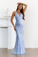 Enchanted Sequin V-Neck Back Tie Maxi Dress Blue