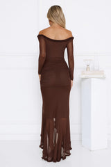 Lunar Twinkle Mesh Off Shoulder Maxi Dress Brown