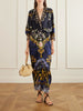 Gathered embellished printed silk maxi dress