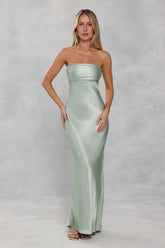 The Seraphina Strapless Satin Maxi Dress Sage Green