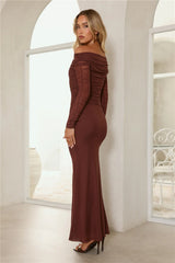 Glam Mesh Off-Shoulder Maxi Dress Rust
