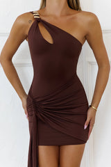 Bottle Service One Shoulder Mini Dress Chocolate