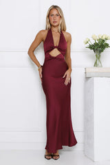 Polished Perspective Halter Satin Maxi Dress Plum