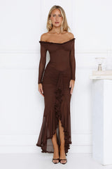 Lunar Twinkle Mesh Off Shoulder Maxi Dress Brown