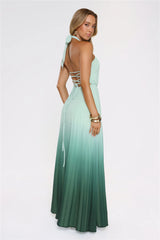 Wave Bloom Halter Pleated Maxi Dress Green