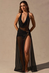 Cowl-Neck Plunge Maxi Dress in Black