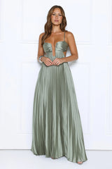 Just One More Look Satin Pleated Maxi Dress Sage