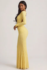 Ruched Backless Lace Maxi Dress in Pastel Yellow