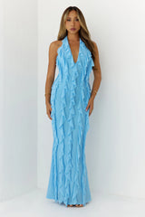 Frills Please Halter Maxi Dress Blue