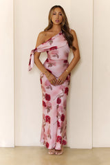 Romantic Rose Satin One Shoulder Maxi Dress Pink