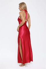 Sleek Halter Neck Cutout Satin Maxi Dress Red