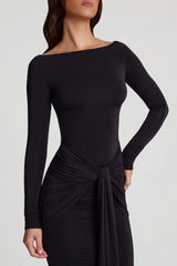 Soft Jersey Boat-Neck Tie-Gather Maxi Dress in Black