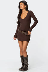 Ribbed Knit V Neck Mini Dress