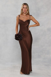 The Penelope Cowl Satin Maxi Dress Chocolate Brown