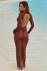 Sheer Open-Back Maxi Dress in Chocolate Brown