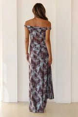 Mystic Marble Print Off Shoulder Maxi Dress Teal