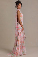 Embellished Scarf-Detail Maxi Dress in Pink Floral Print