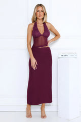 Haute Mode Mesh Halter Maxi Dress Plum