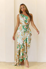 Trendy One Shoulder Cutout Maxi Dress Tropical Print