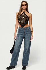 Gold Mirror Backless Crochet Halter Top
